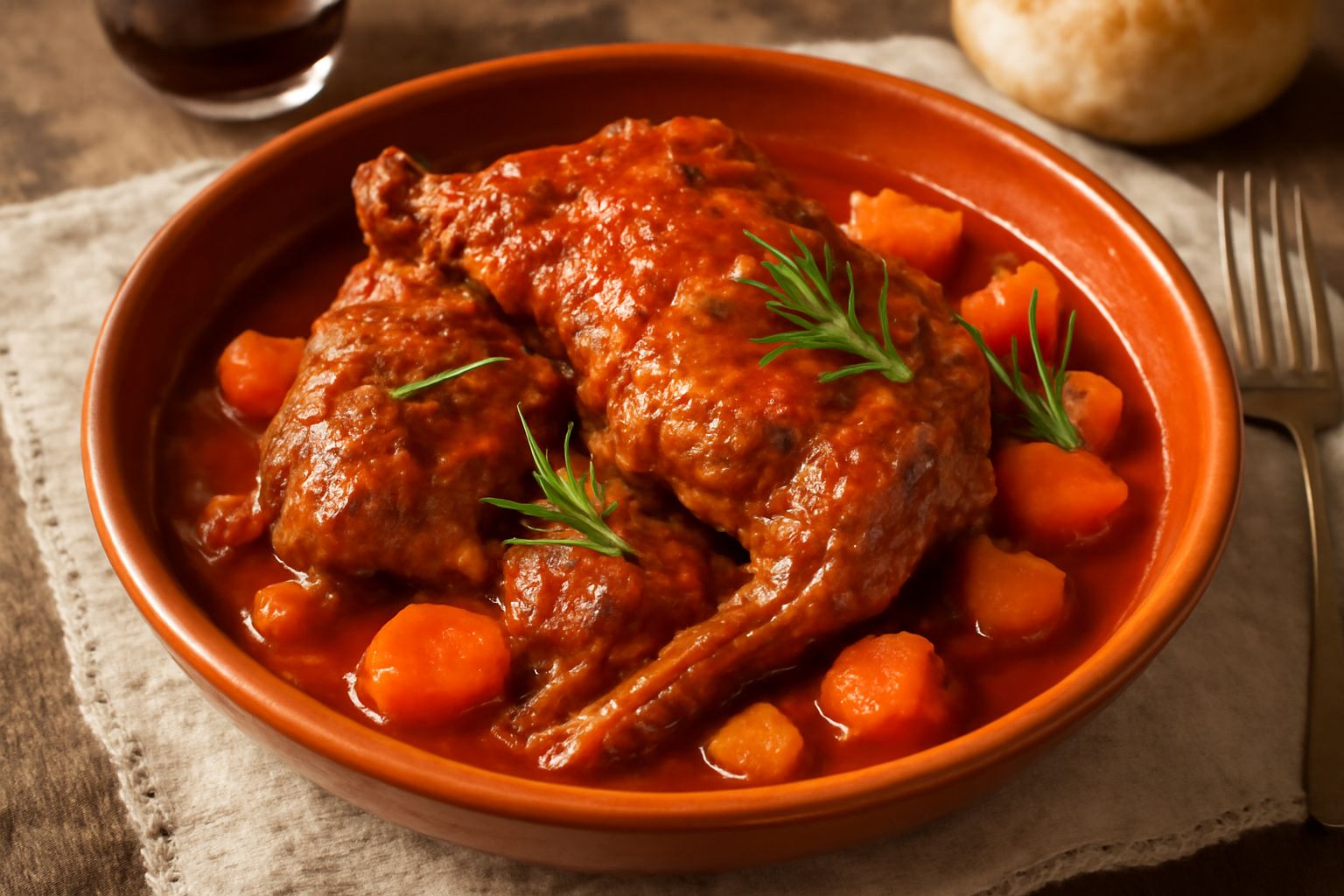 Coniglio in umido in tegame di terracotta, carne scura e succulenta circondata da salsa marrone, carote e sedano, con rosmarino fresco