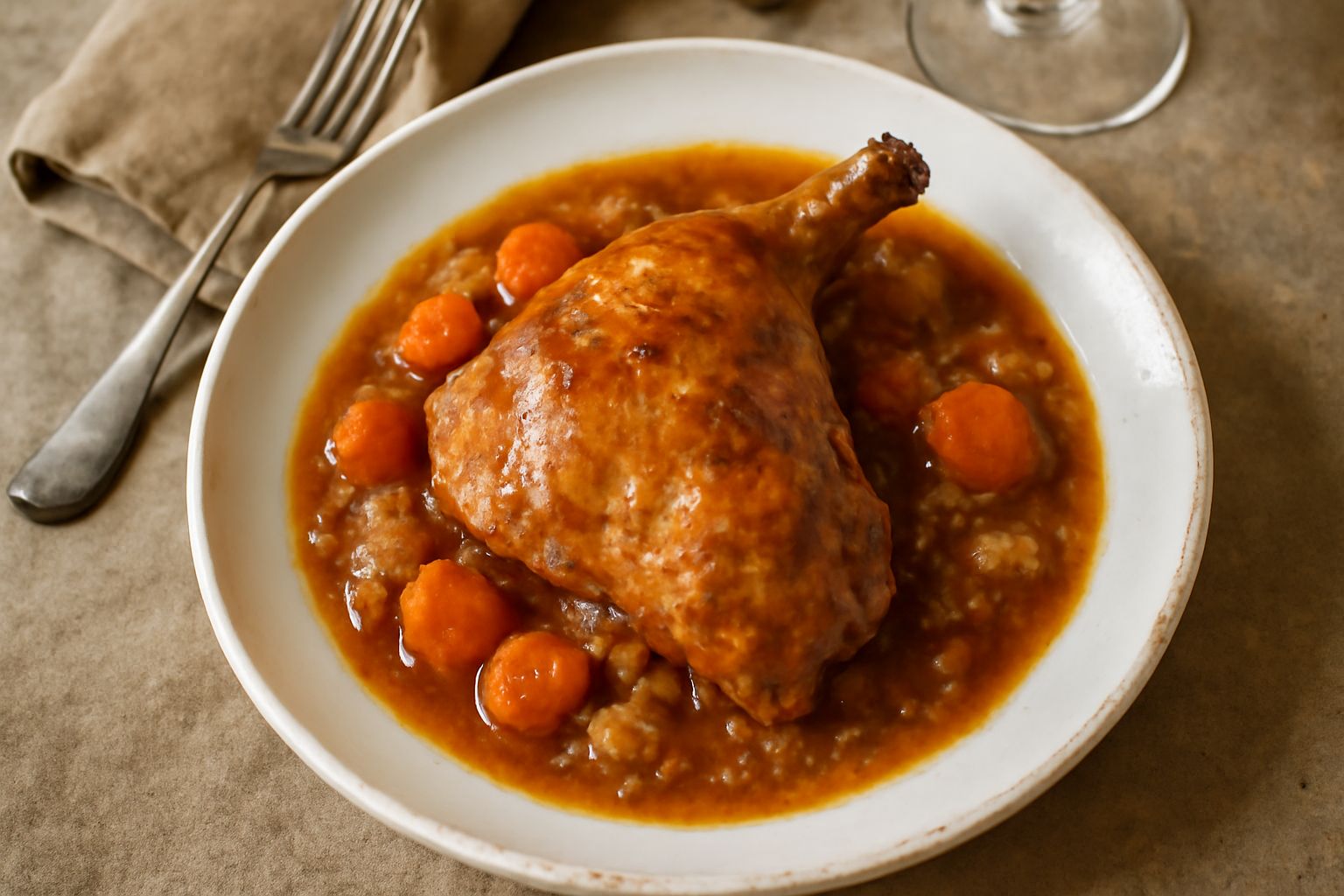 Coniglione in umido servito in un piatto bianco fondo, la carne marrone scura e tenera con sugo denso, circondato da verdure morbide (carota, cipolla, sedano), guarnito con rosmarino fresco e prezzemo