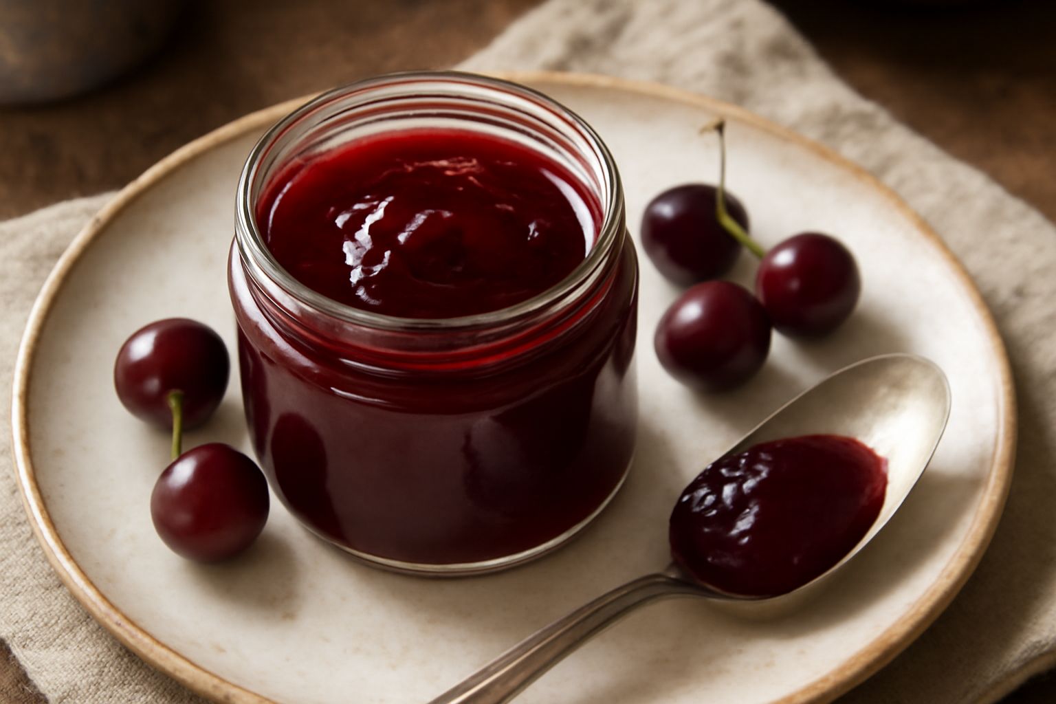 Vasetto di vetro trasparente ripieno di conserva di amarene rosso scuro, lucida e compatta, con coperchio bianco avvitato, accanto a tre amarene fresche rosse su fondo bianco