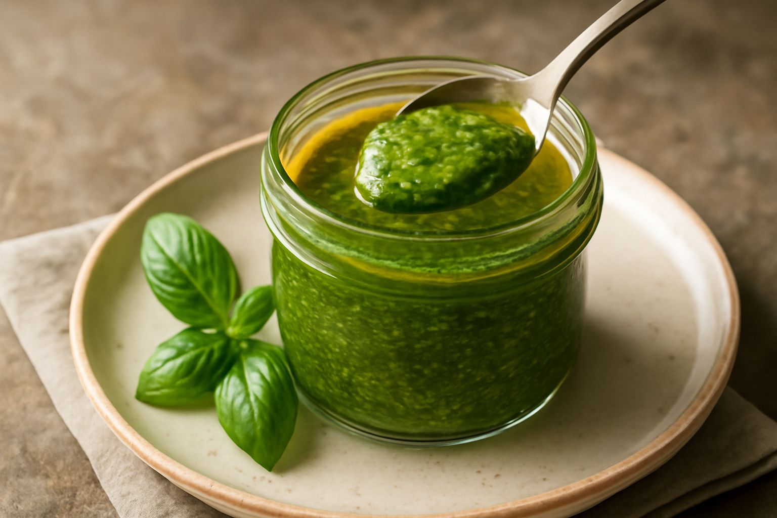 Barattolo di vetro con conserva di basilico verde intenso, olio dorato in superficie, foglie di basilico fresco accanto, cucchiaio di legno appoggiato sul bordo