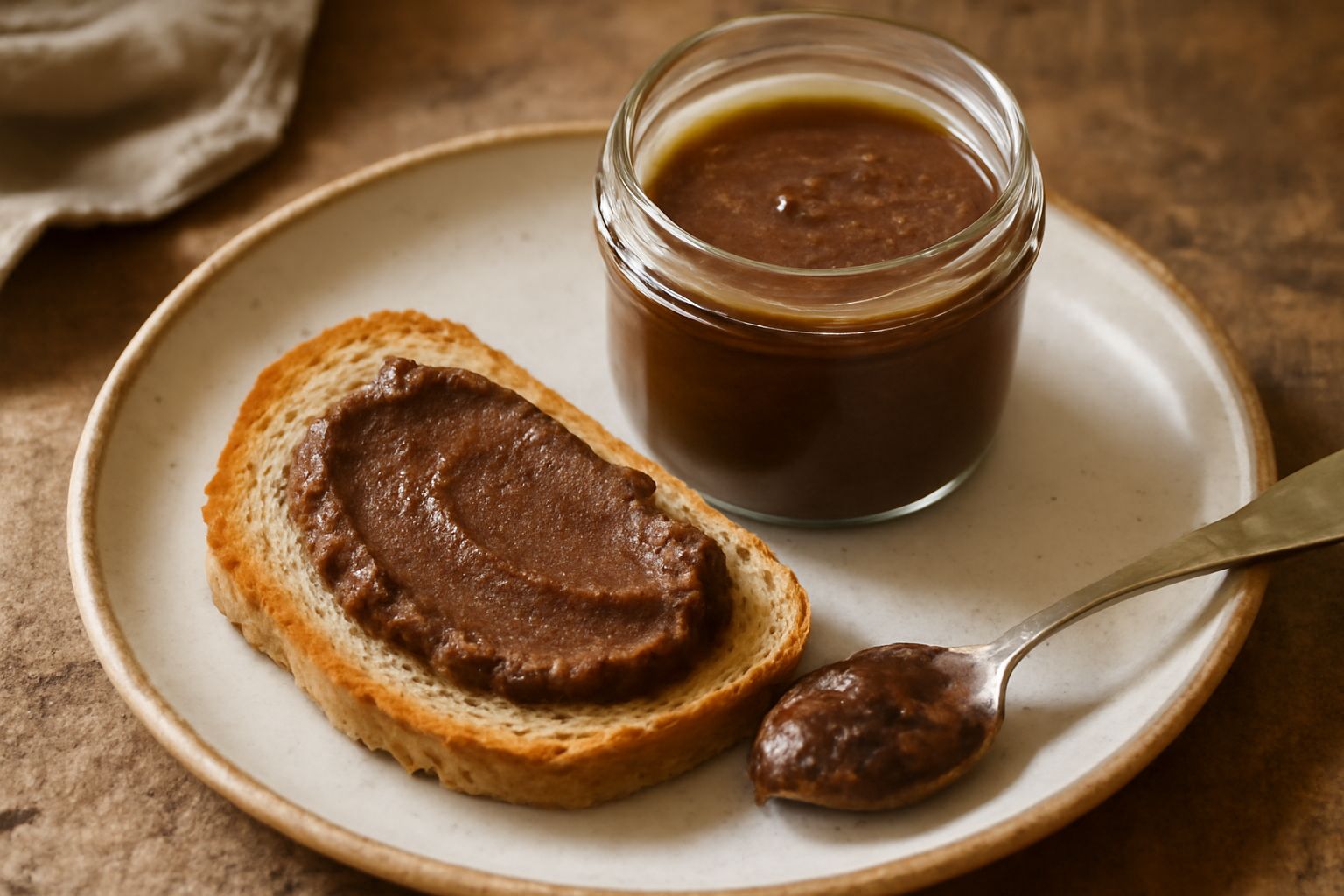 Conserva di carne in vaso di vetro, colore marrone scuro e cremoso, con superficie liscia e lucida di grasso, accompagnata da fette di pane tostato e un cucchiaio d'acciaio