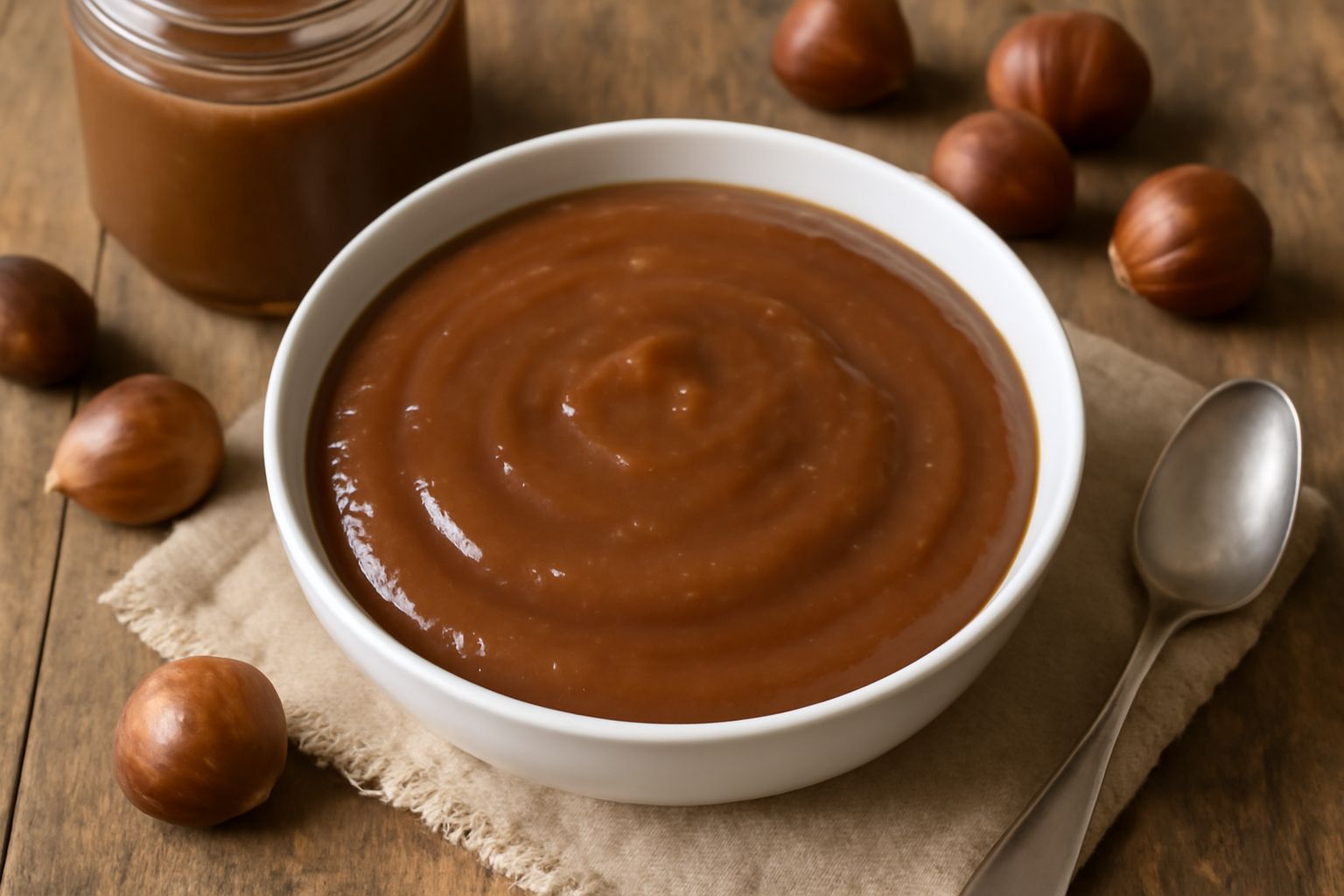 Conserva di castagne in barattoli di vetro trasparenti con coperchio, colore marrone scuro, consistenza cremosa visibile attraverso il vetro, disposta su un tavolo di legno con foglie secche accanto