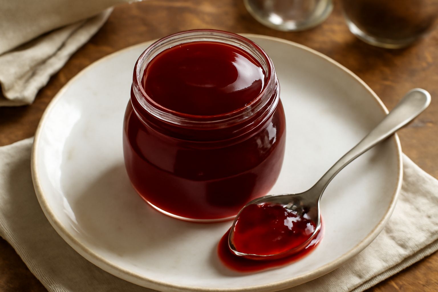 Vasetto di conserva di ciliegia con gelatina scura lucida e brillante, con una ciliegia intera appoggiata sul coperchio, su uno sfondo di legno chiaro con ciliegie rosse fresche sparse accanto
