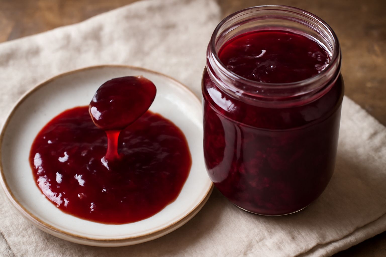 Un barattolo di vetro trasparente con conserva di ciliegie rosso scuro, pezzi di frutto visibili, chiuso con coperchio bianco, accanto un cucchiaio di legno e due ciliegie fresche rosse con il picciol
