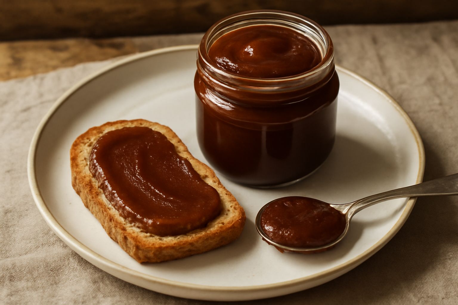 Conserva di cotogna mantovana in barattolo di vetro con coperchio, colore ambra scuro e consistenza densa, cucchiaio di legno appoggiato, fondo rustico in legno naturale