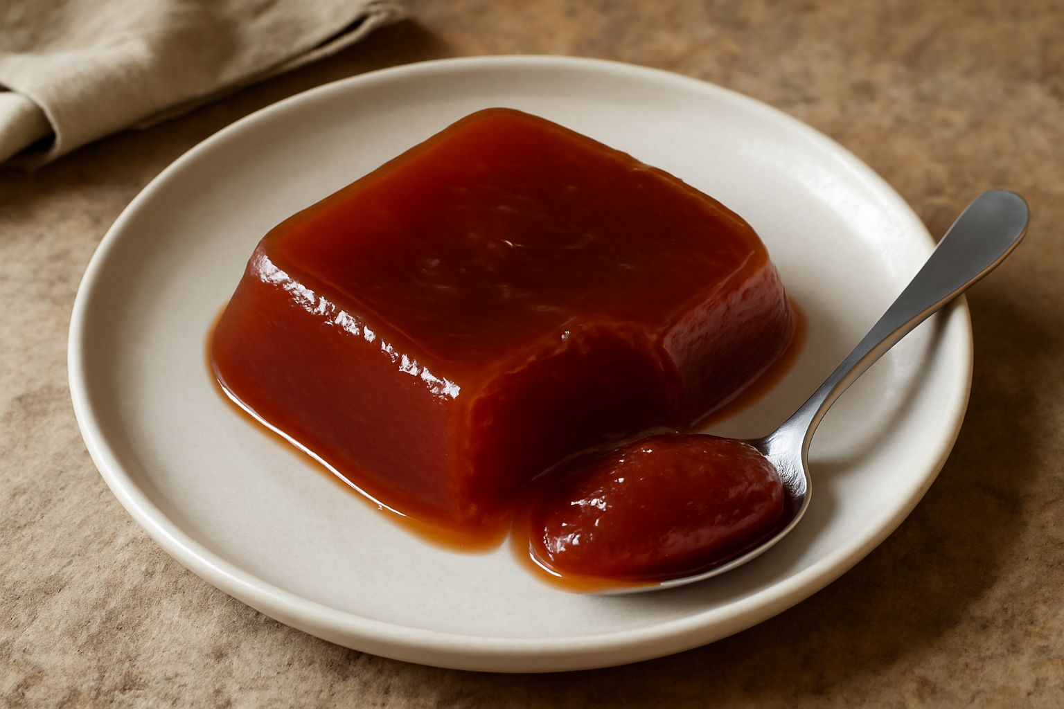 Conserva di cotogne color rosso intenso in vasi di vetro richiudibili, con superficie lucida e densa, circondati da cotogne intere e tagliate a metà su un tavolo di legno scuro