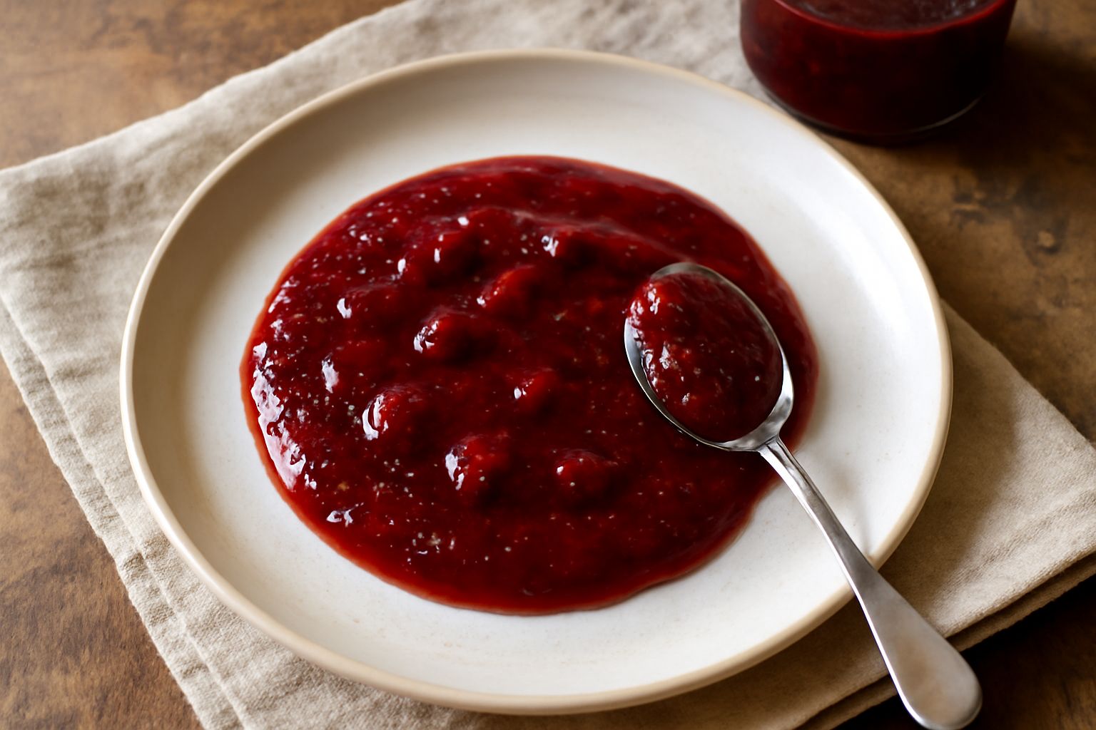 Barattolo di vetro trasparente pieno di conserva di fragole di bosco rosso scuro, semifredda e densa, con superficie lucida e alcuni piccoli semini visibili, accanto a fragole fresche rosse scure su u