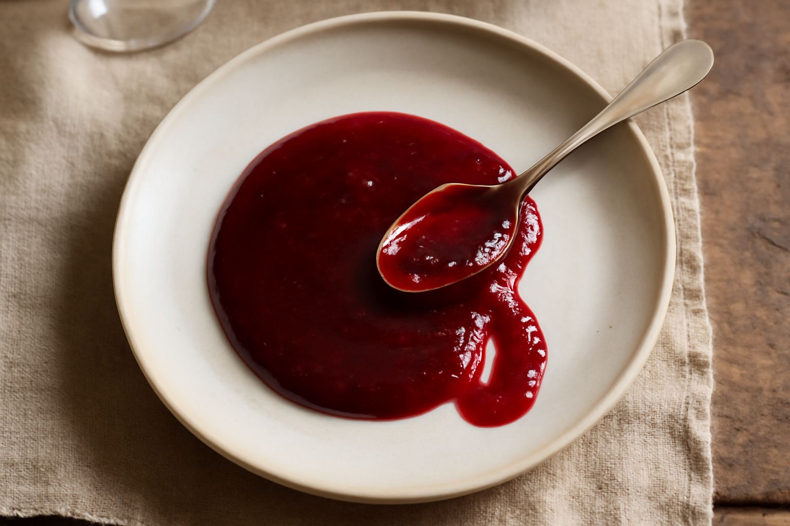 Vasi di vetro con conserva di fragoline di bosco, colore rosso rubino e brillante, accanto a alcune fragoline fresche rosse e verdi, su una tavola di legno naturale con un cucchiaio di legno