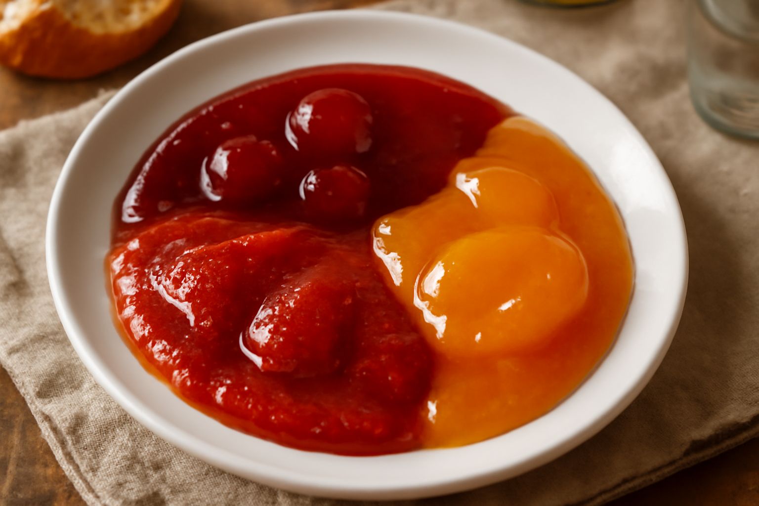 Tre barattoli in vetro trasparente di conserva di fragole e ciliegie rosse, etichettati a mano, su un tavolo di legno scuro accanto a frutti freschi e un mestolo di legno