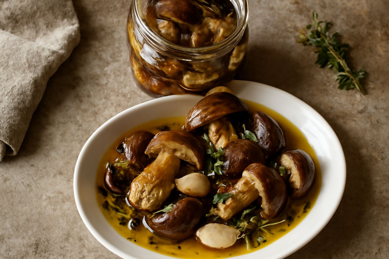 Barattolo di vetro trasparente con funghi porcini interi immersi in olio dorato, aglio spicchiato visibile, timo fresco e grani di pepe neri sparsi. Fondo di legno scuro, luce naturale.