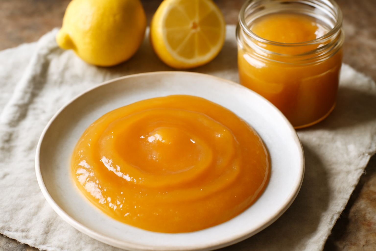 Un vasetto di vetro con conserva di limone dal colore ambra dorato, consistenza liscia e lucida, contornato da limoni freschi tagliati a metà su un tavolo di marmo bianco