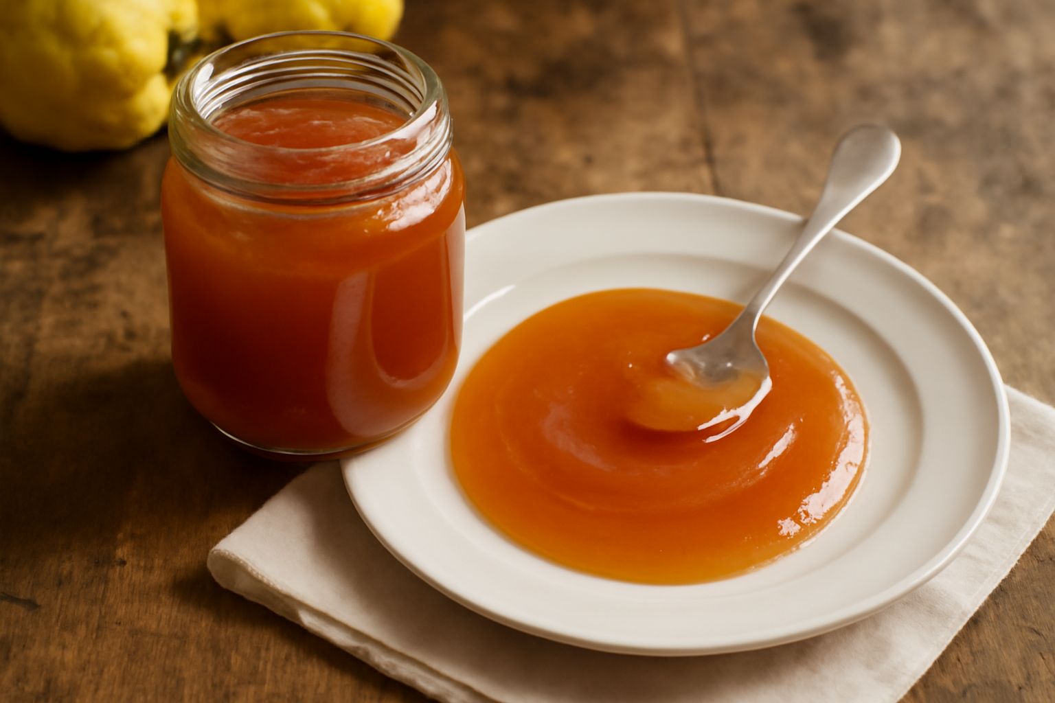 Barattolo di vetro con marmellata di mele cotogne di colore arancione intenso, trasparente, con un cucchiaio di legno poggiato sul bordo e due mele cotogne intere di lato