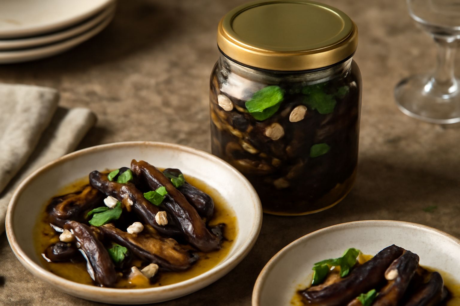 Vasetto di vetro con conserva di melanzane viola scure e morbide coperte di olio trasparente, foglie di menta fresca e spicchi d'aglio visibili in superficie, su fondo bianco
