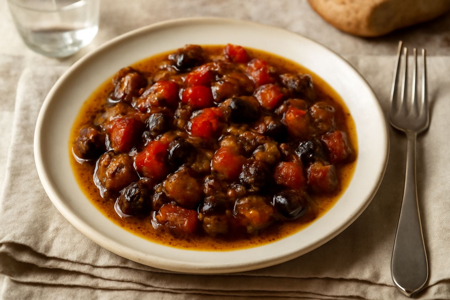 Vasetto di vetro con conserva di melanzane scure e morbide, pezzi di pomodoro rosso, capperi verdi e olive nere, olio d'oliva che brilla in superficie, etichetta bianca sul vasetto