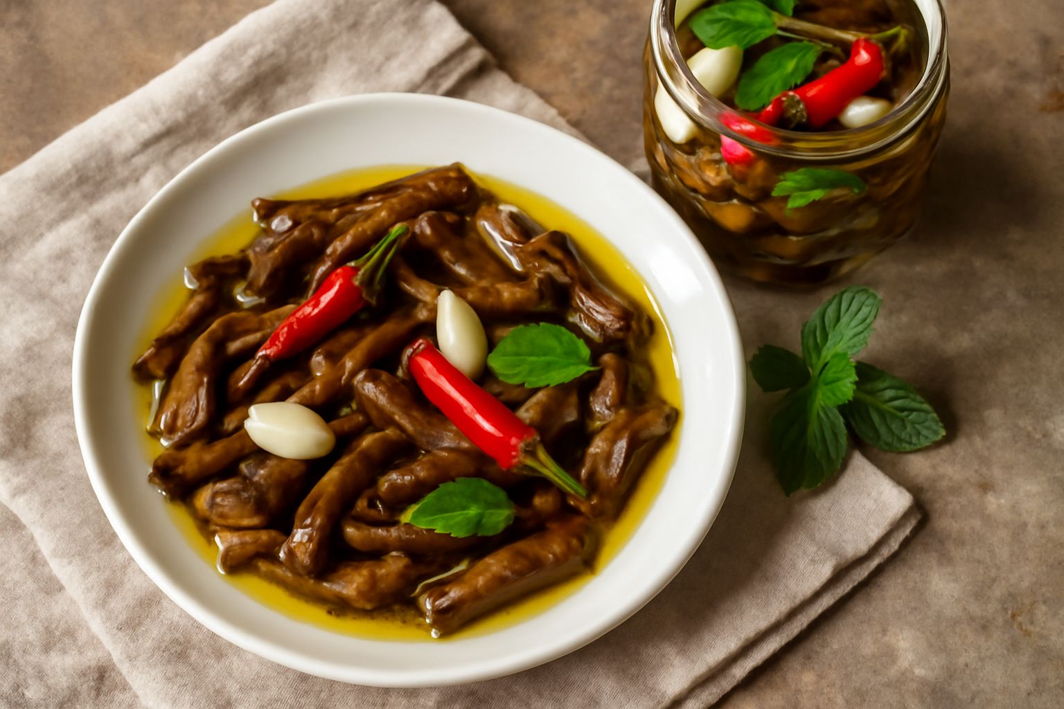 Vaso di vetro con melanzane tagliate a strisce color melanzana scuro, immerse in olio trasparente, con spicchi d'aglio e peperoncini rossi interi in superficie, su sfondo bianco.