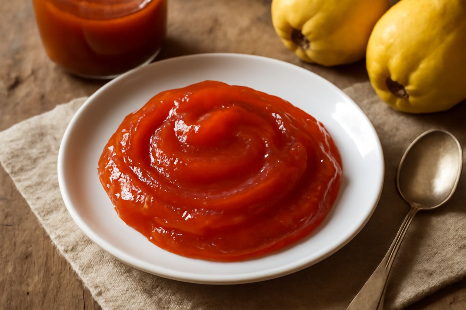 Vasetto di vetro trasparente pieno di conserva di mele cotogne dal colore rosso ambrato, posato su un tovagliolo di lino bianco con mele cotogne gialle e un cucchiaio di legno accanto