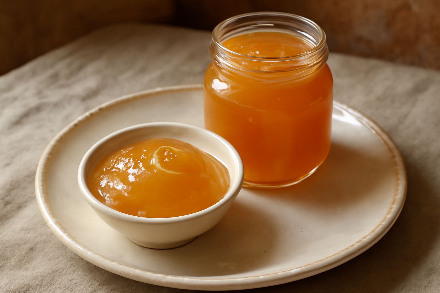 Conserva di melone in un barattolo di vetro trasparente, marmellata dorata e trasparente con riflessi ambrati, accanto a fette di pane tostato e melone fresco tagliato