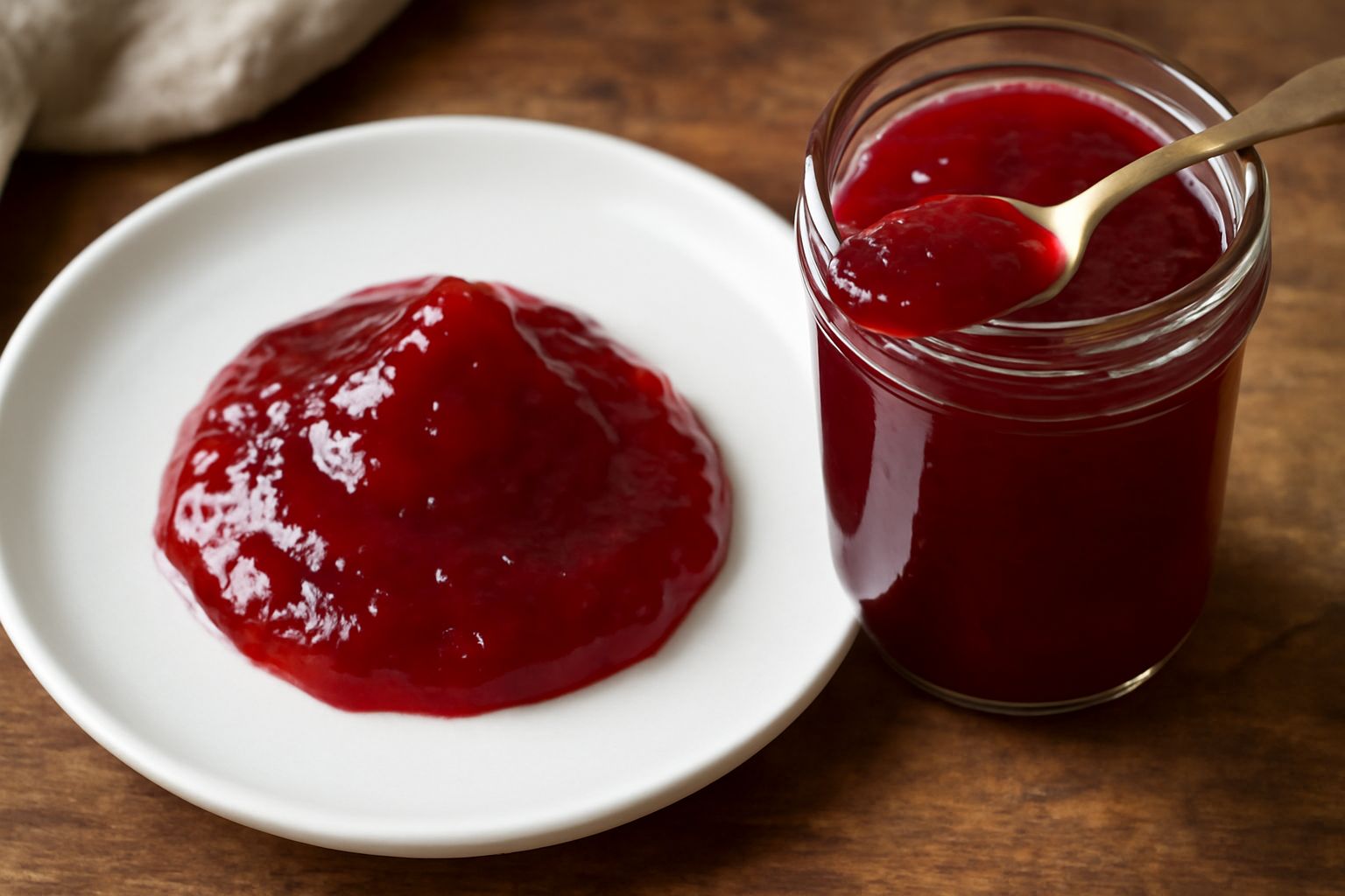Un barattolo di vetro con conserva di mirtilli rossi lucida e trasparente, dal colore rosso rubino, con alcuni mirtilli interi visibili sospesi nella gelatina. Accanto, un cucchiaio di legno con un po