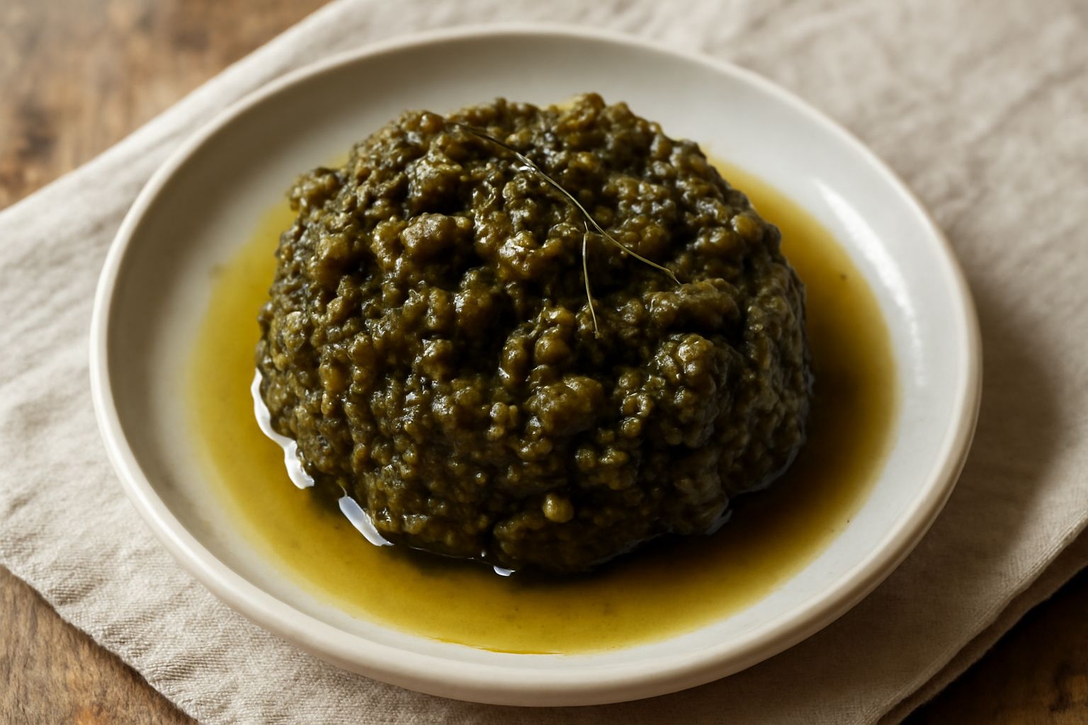 Barattolo di vetro con conserva di olive friulane densa di colore verde scuro, riempito di olive intere immerse in olio trasparente con rametti di rosmarino fresco visibili in superficie, posato su ta