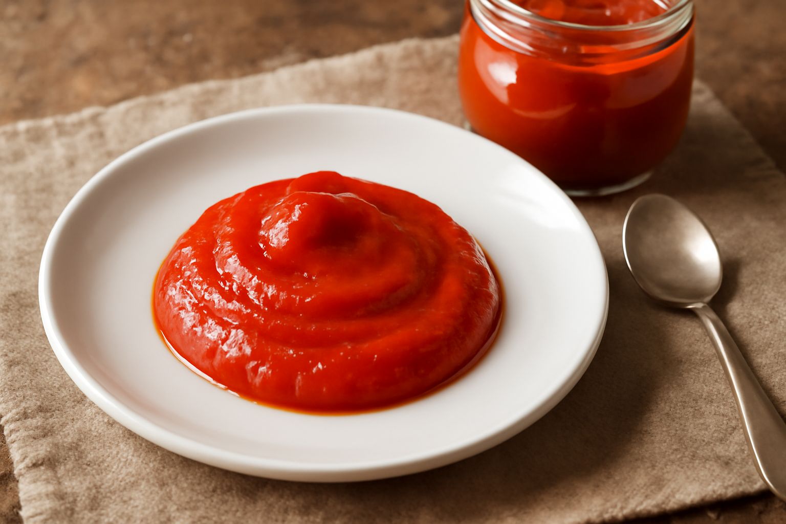 Barattolo di vetro con conserva di peperone rosso cremosa e lucida, disposto su una superficie di legno chiaro con alcuni peperoni rossi freschi accanto
