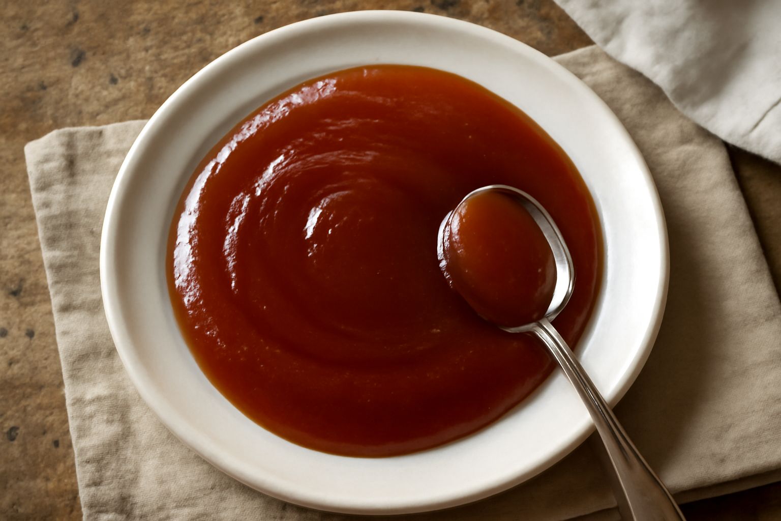 Vasetto di vetro con conserva di pere cotogne color ambra scuro, densa e lucida, circondata da pere cotogne intere ancora con foglie verdi, su un tavolo di legno rustico con un cucchiaio e qualche fog