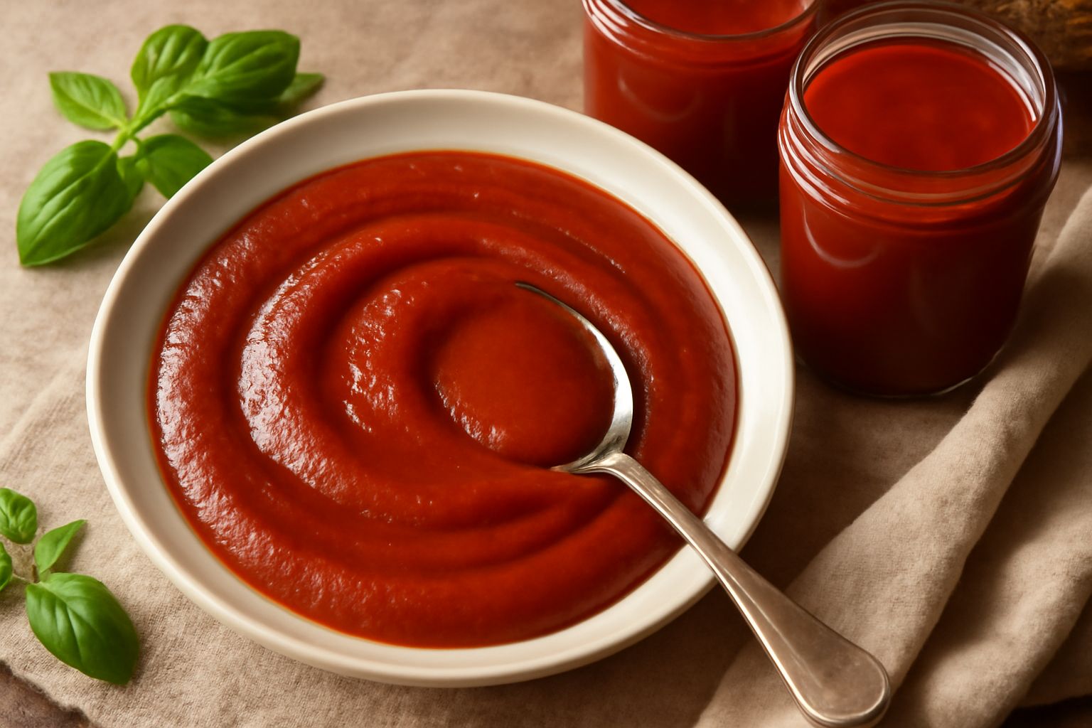 Vasetti di vetro trasparente pieni di conserva di pomodoro rosso scuro e denso, coperchio in metallo dorato, disposti su un panno di lino bianco accanto a pomodori freschi rossi interi