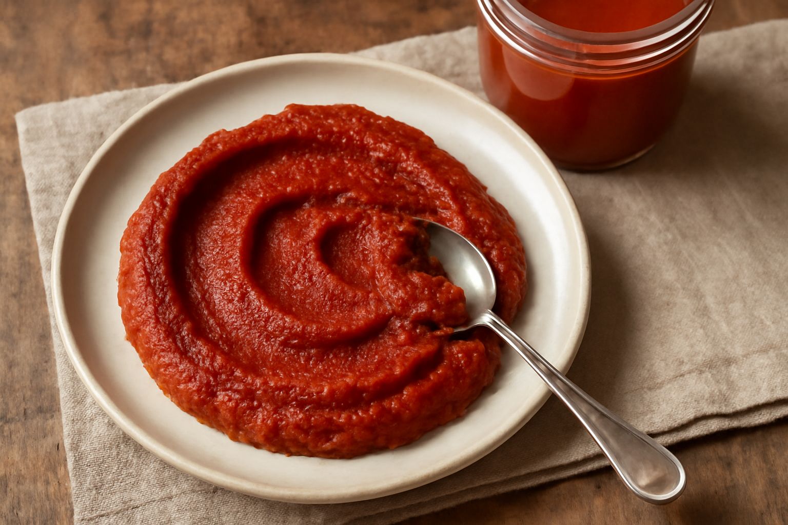 Vasetto di vetro con conserva di pomodori densa e rossa acceso, chiuso con coperchio bianco, circondate da pomodori rossi freschi su una tavola di legno chiaro