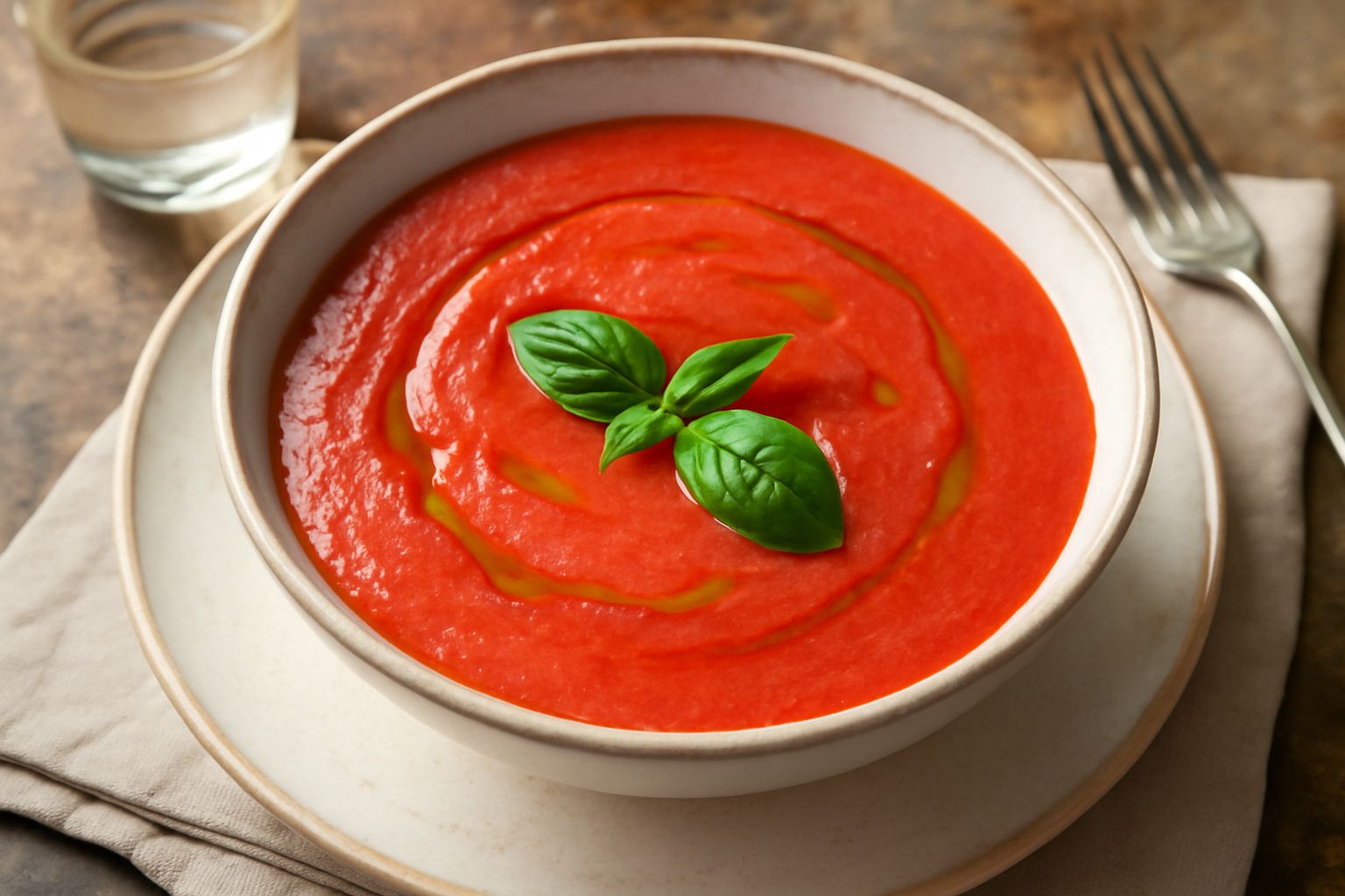 Ciotola bianca con conserva di pomodori fredda rosso acceso, liscia e densa, con gocce di olio verde in superficie, foglia di basilico fresco sul bordo, pane tostato accanto