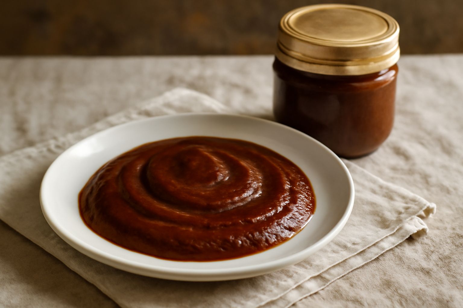 Barattoli di vetro con conserva di pomodori di colore rosso scuro, con basilico fresco in cima, su una tavola di legno in una cucina di campagna con pomodori rossi sullo sfondo