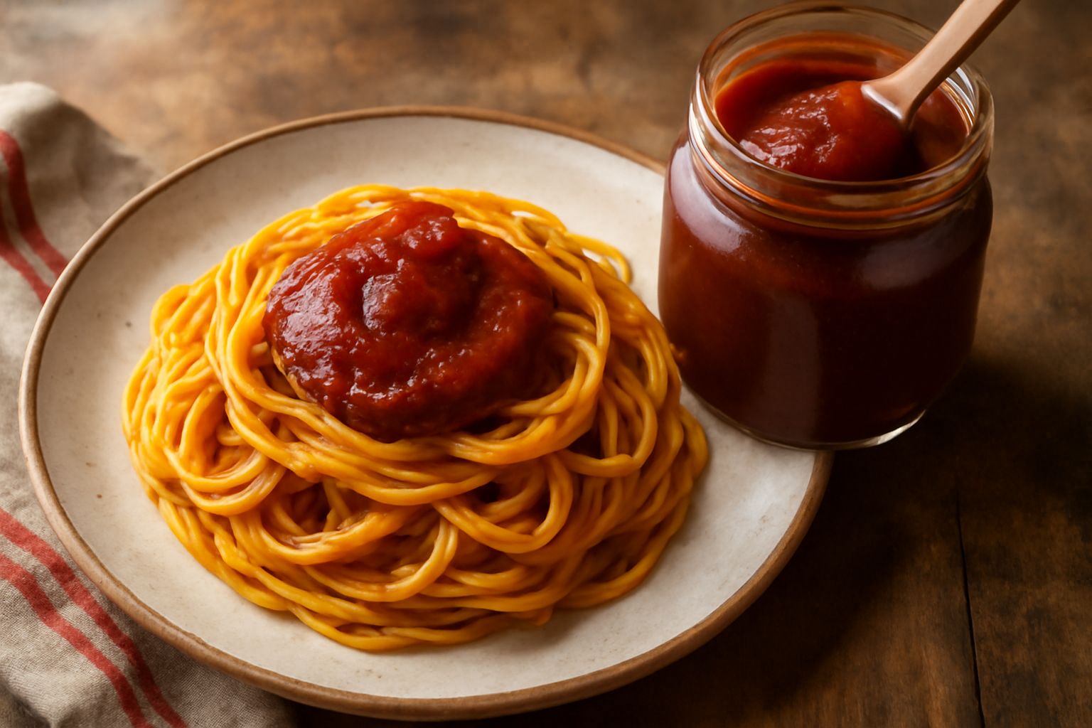 Vasetti di vetro pieni di conserva di pomodori mantovana rosso scura e lucida, allineati su un tavolo in legno rustico con accanto pomodori freschi interi e foglie di basilico