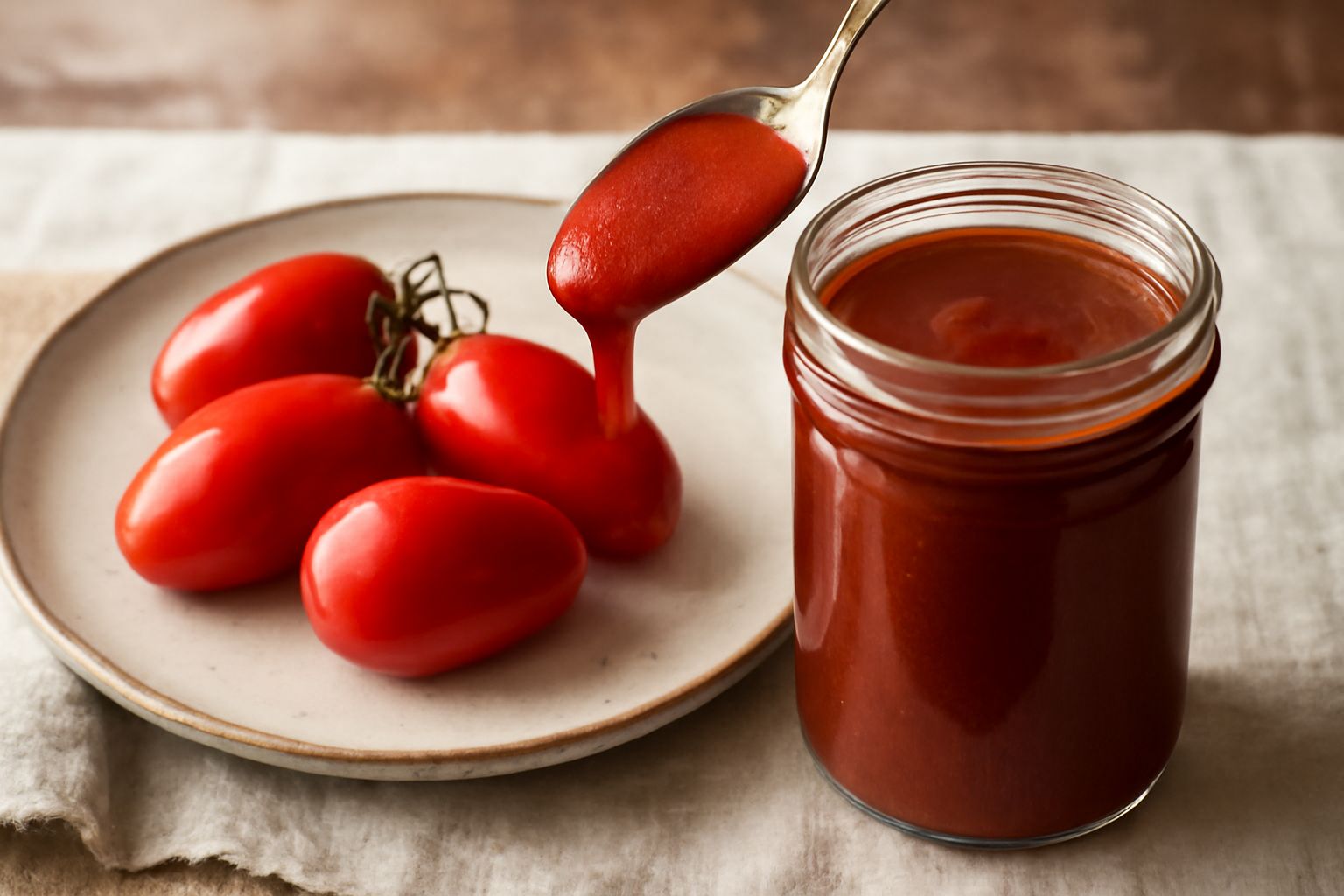 Vasetti di vetro trasparente con conserva di pomodori rosso scuro e denso, chiusi con coperchio, disposti su un tavolo di legno naturale con foglie di basilico verde accanto