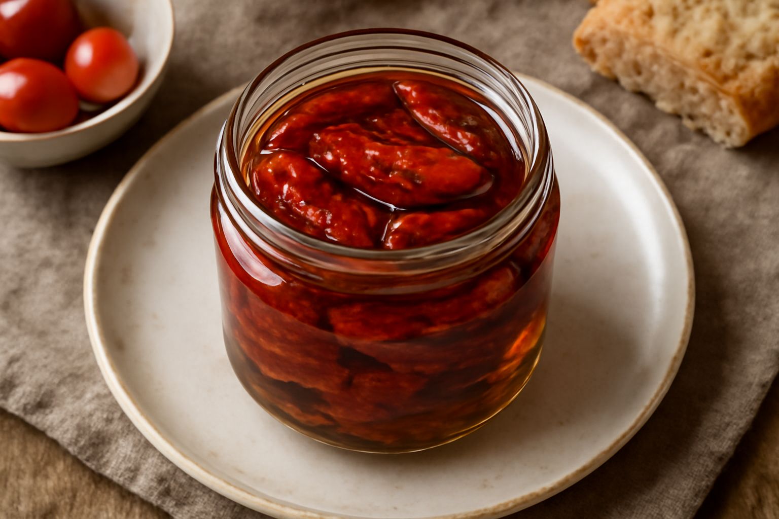 Vasetto di vetro con pomodori secchi rosso scuro immersi in olio d'oliva trasparente e ambrato, con aglio spicchi e foglie di basilico fresco sullo sfondo
