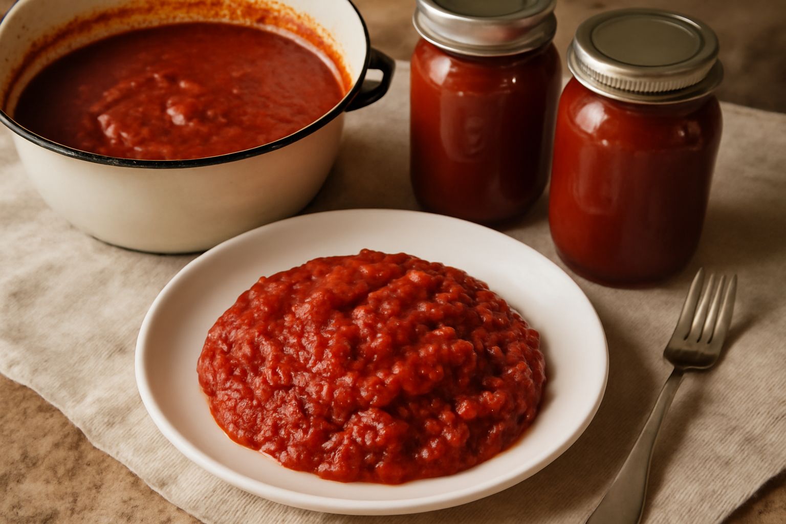 Barattoli di vetro con conserva di pomodoro densa di colore rosso scuro, chiusi con coperchi metallici, disposti su un tavolo di legno bianco accanto a pomodori freschi rossi e un rametto di basilico 