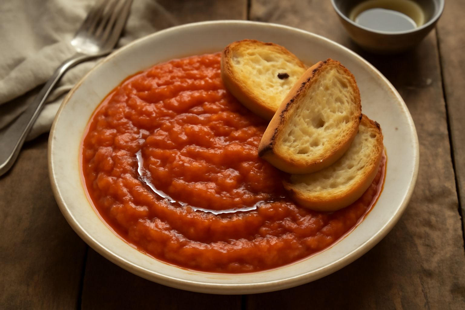 Piatto bianco con conserva di pomodoro densa color rosso scuro, pane raffermo disgregato al suo interno, un filo di olio d'oliva in superficie, basilico fresco e crostini di pane tostato sul bordo