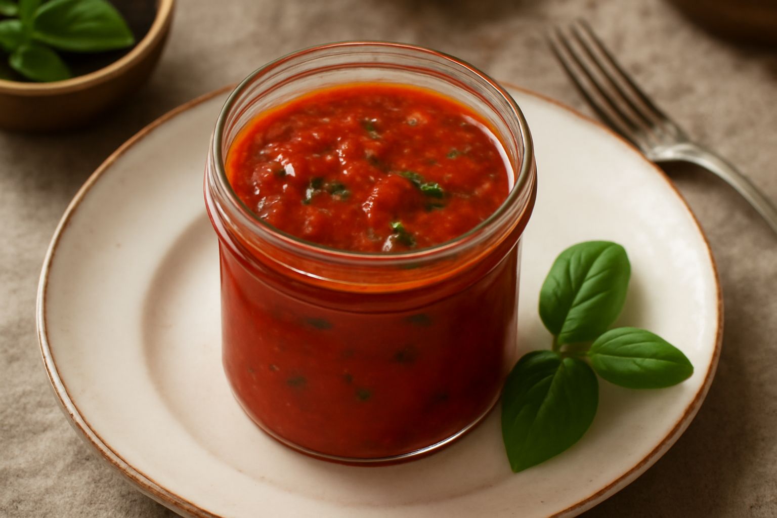 Barattoli di vetro trasparente con conserva di pomodoro rosso intenso e particelle verdi di basilico, disposti su un ripiano in legno naturale con un cucchiaio di legno e pomodori freschi al fianco