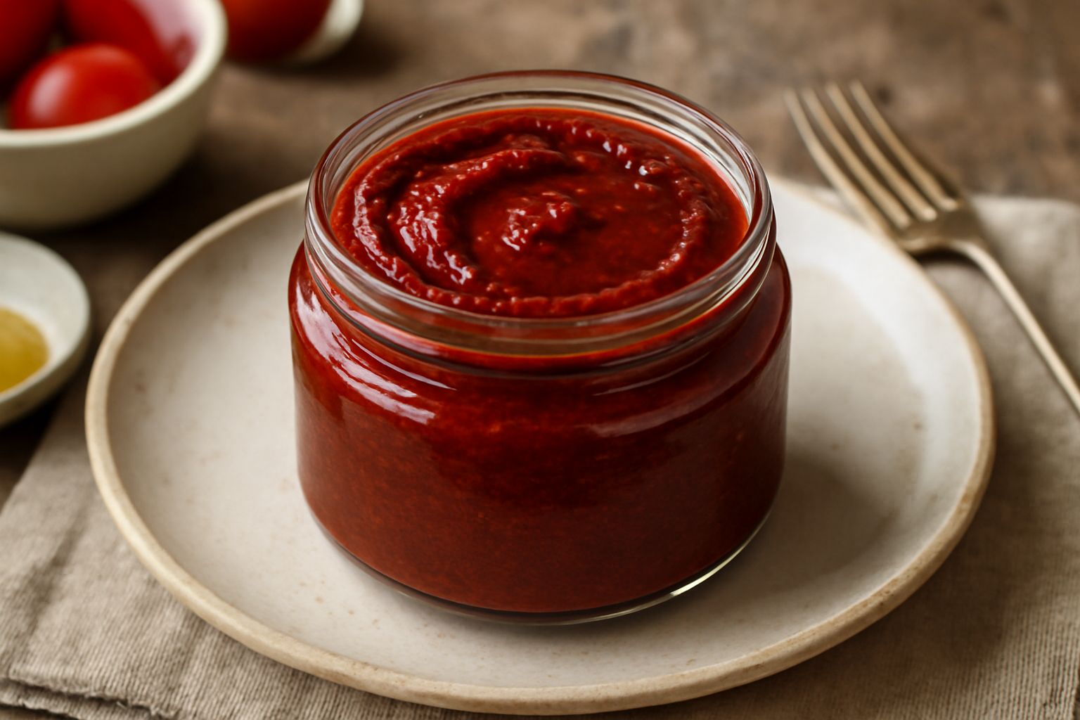 Conserva di pomodoro secco di colore rosso scuro in un vasetto di vetro, olio d'oliva dorato in superficie, erbe aromatiche e pomodori secchi accanto
