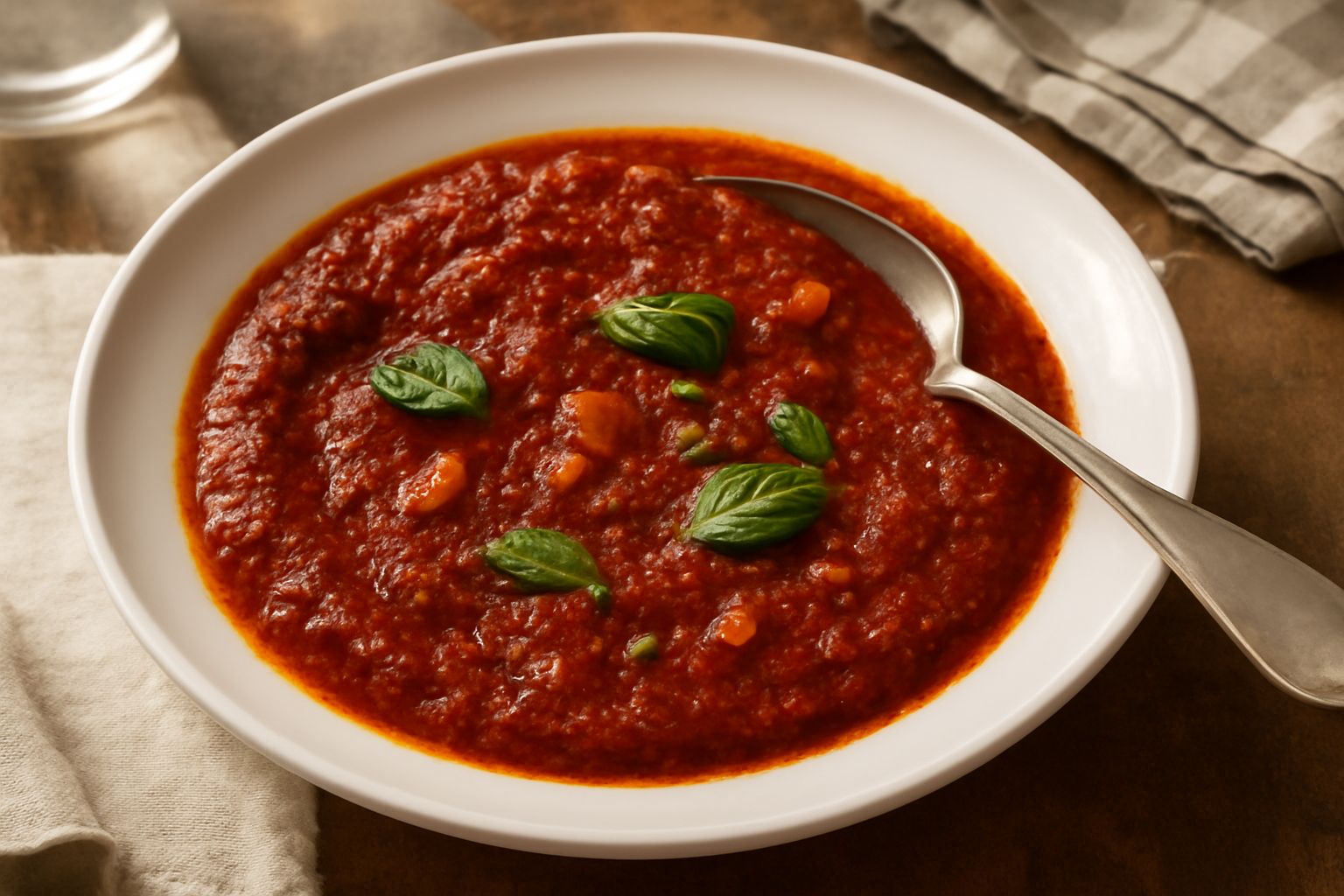 Barattolo di vetro con conserva di pomodoro densa e cremosa, colore rosso scuro, con foglia di basilico fresco adagiata sopra, accanto pomodori maturi rossi interi