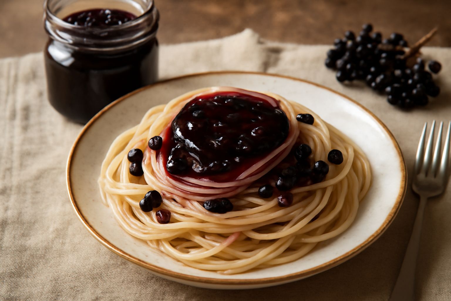 Vasetto di vetro con conserva di sambuco di colore scuro bordeaux, lucida e trasparente, con bacche intere visibili sospese nella gelatina, posato su tavolo di legno con rami di sambuco freschi accant