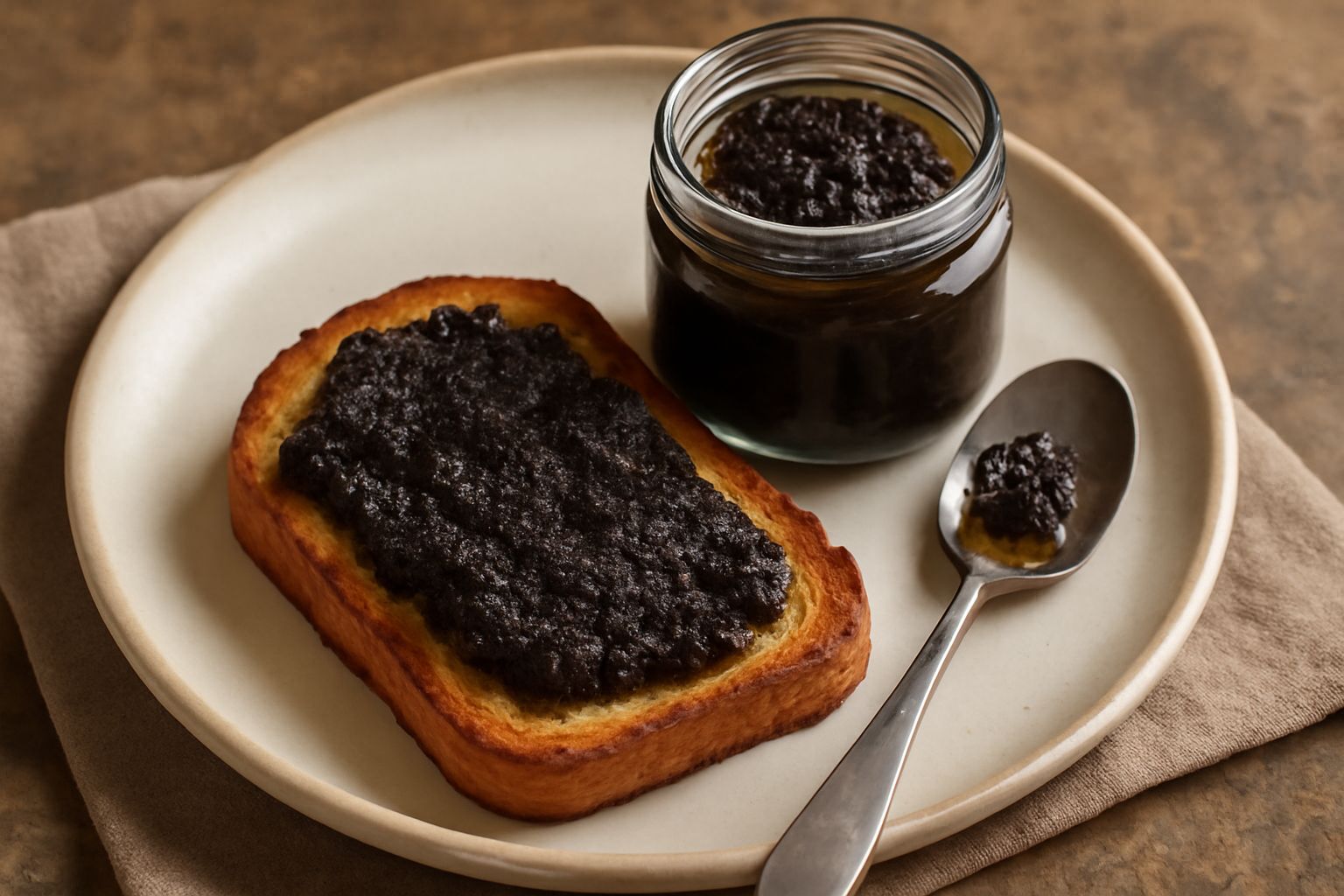Vasetto di vetro pieno di conserva di tartufo densa e scura, con visibili frammenti neri di tartufo sospesi in olio trasparente dorato, disposto su un tavolo di legno naturale con accanto un cucchiain