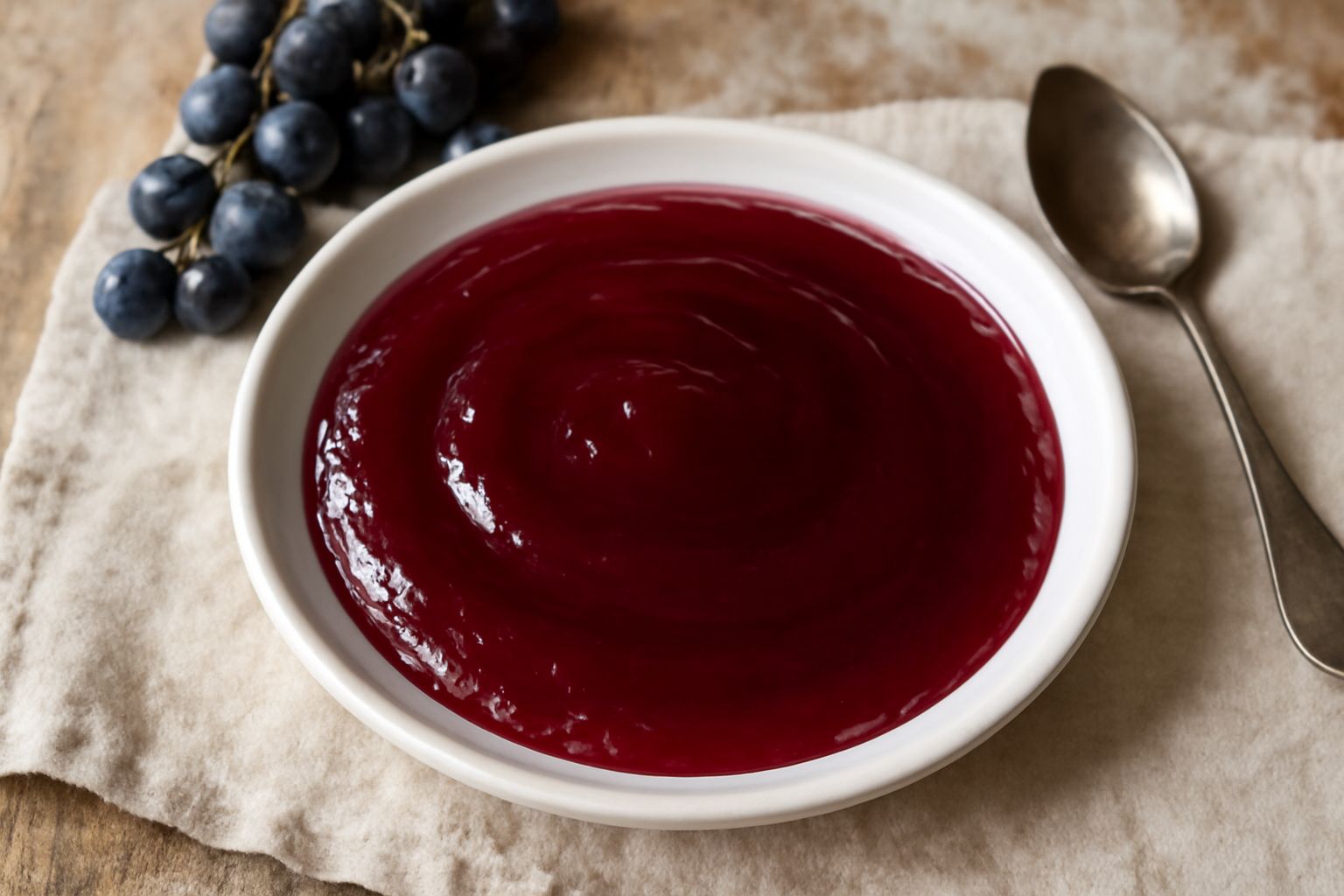 Un vasetto di vetro trasparente con conserva di uva fragola rosso scuro e brillante, con cucchiaio di legno dentro, circondato da grappoli di uva fragola blu scuro e foglie verdi