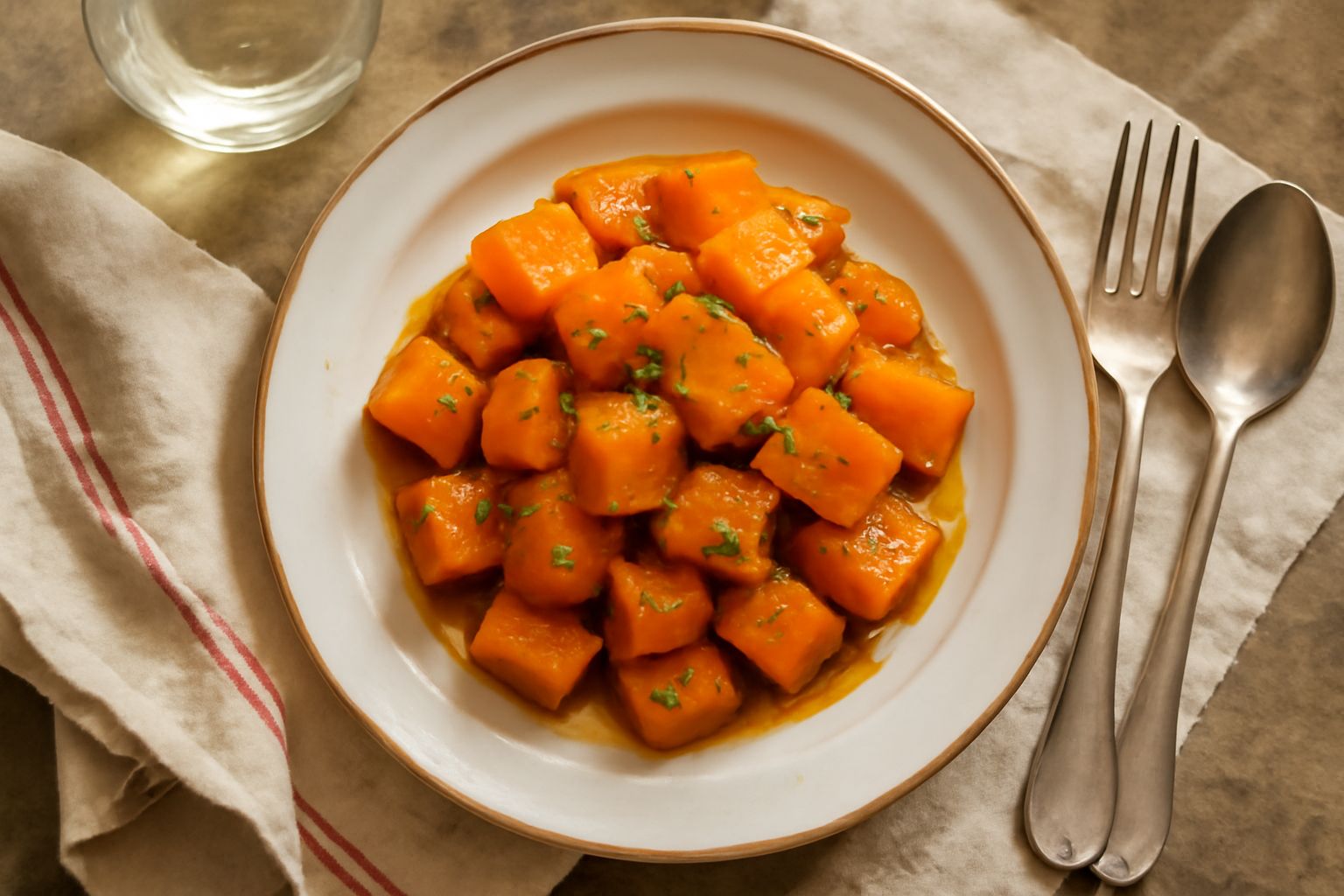 Un vasetto di vetro con conserva di zucca densa e color ambrato, con una cucchiaiata di conserva appoggiata sul bordo, sfondo neutro di cucina