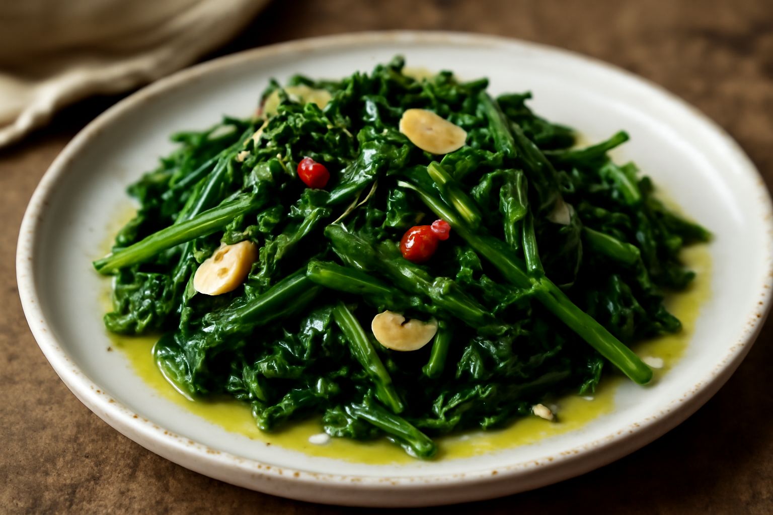 Piatto bianco con contorno di erbe selvatiche saltate in padella: foglie verdi di cicoria, tarassaco e rucola selvatica, olio d'oliva lucido, aglio dorato, sale grosso visibile. Piatto servito tiepido