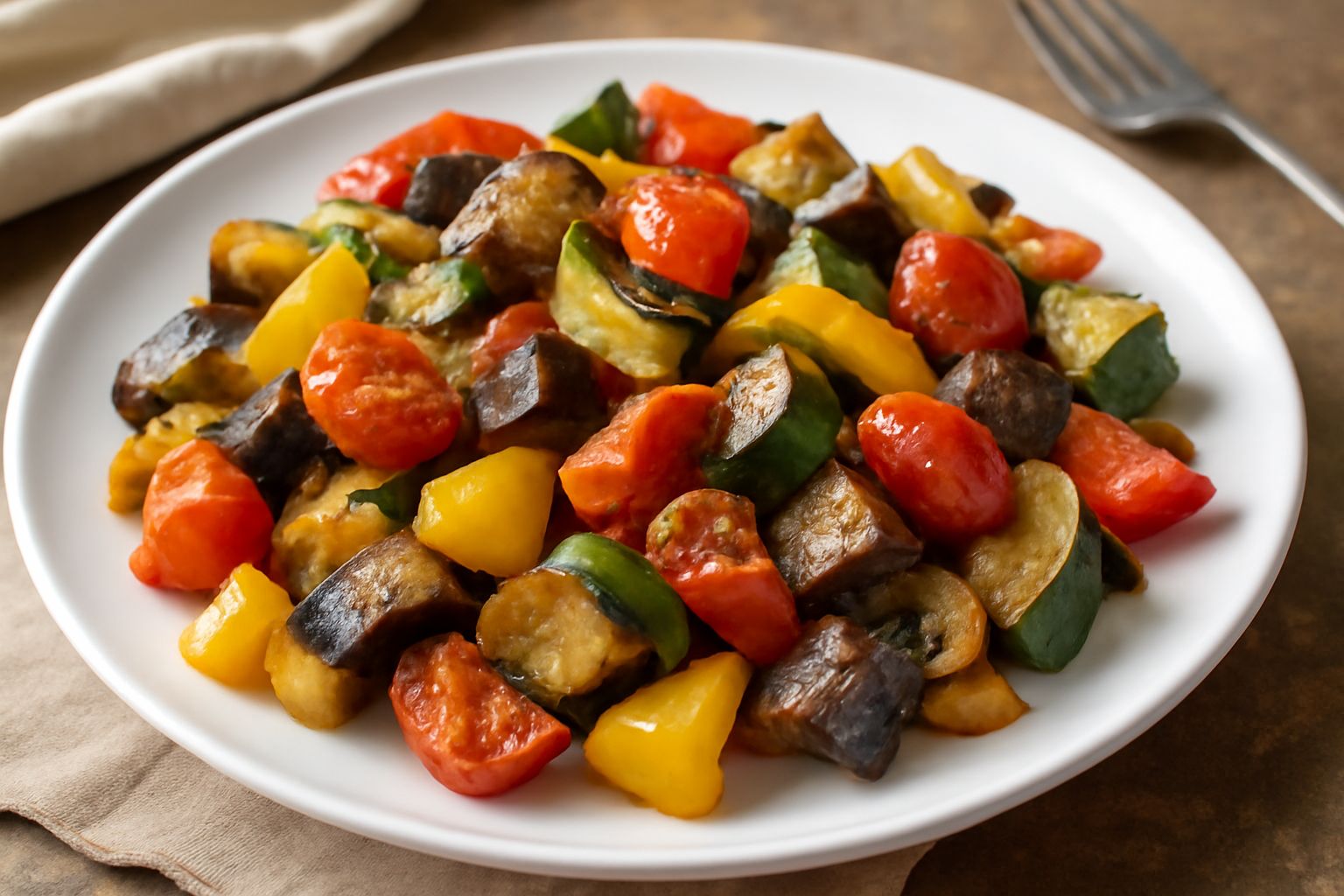 Padella con melanzane viola, zucchine verdi, peperoni rossi e gialli, pomodori ciliegini, cipolle dorate, aglio e prezzemolo fresco, su sfondo di tela bianca