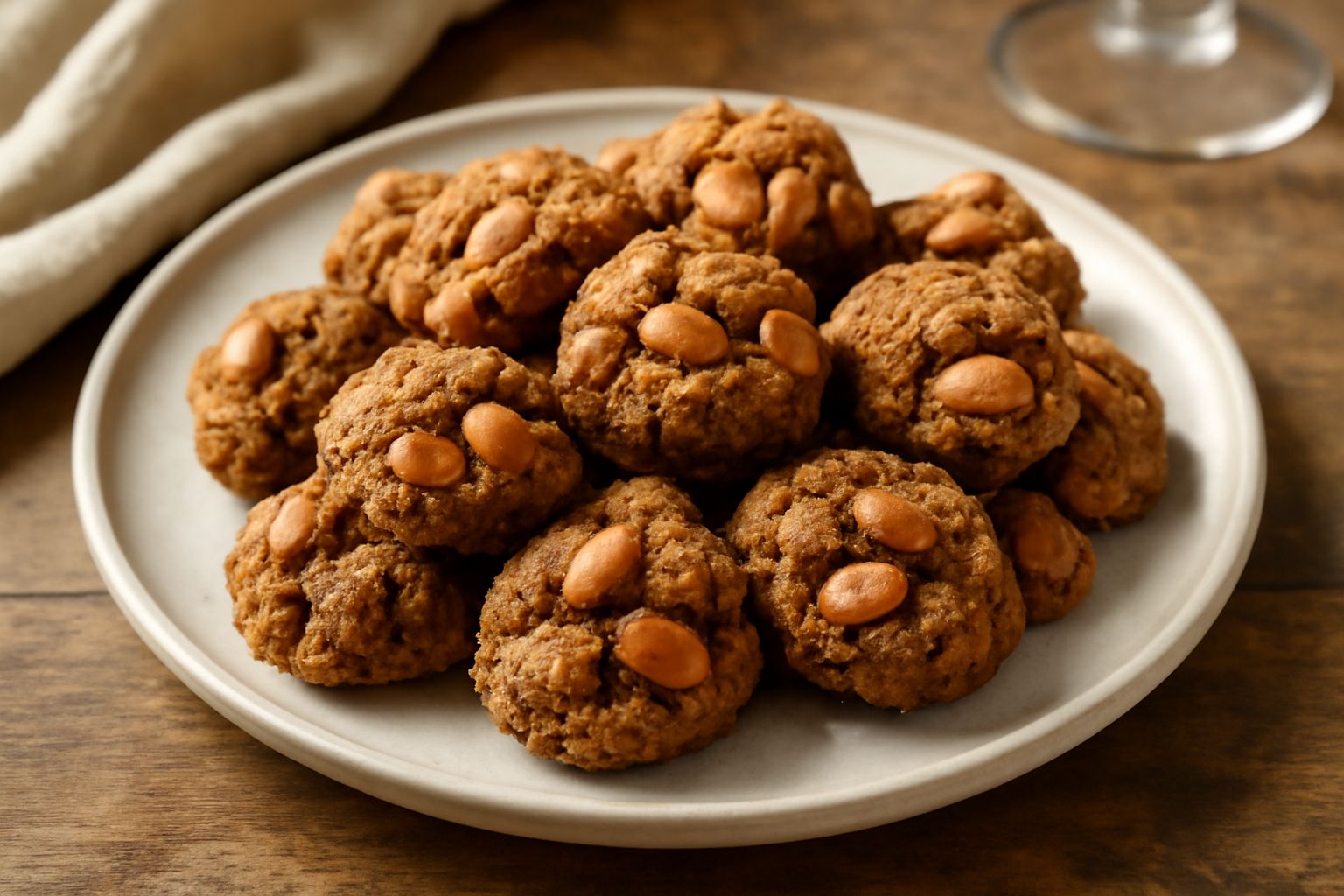 Una decina di cookies ferraresi irregolari color nocciola, con visibili frammenti di mandorla intera, disposte su un piatto bianco con un bicchiere di latte intero accanto