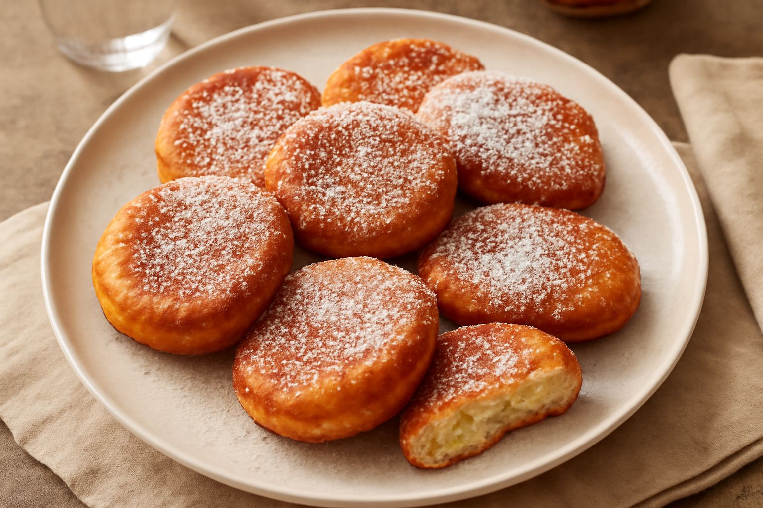 Copate dorate e croccanti su un piatto bianco cosparse di zucchero bianco semolato, vapore ancora visibile dalla fritura, una gocccia di miele che cade da un cucchiaio sopra una frittella