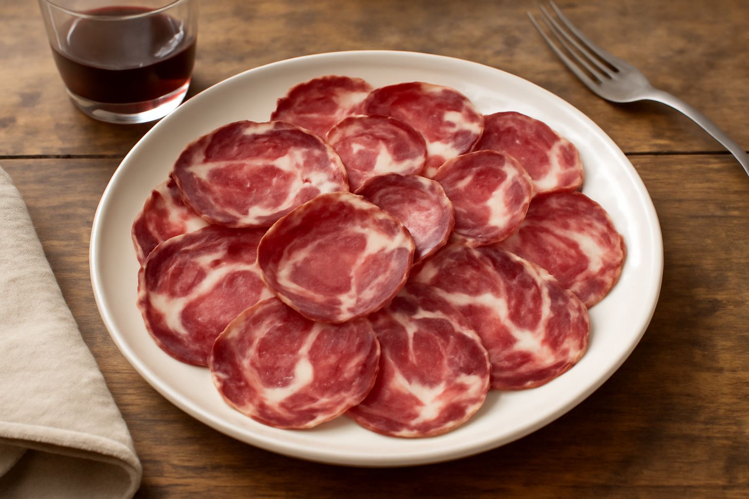 Fette di Coppa dell'Emilia su un tagliere di legno, colore rosso vivo con striature bianche di grasso, accanto a un coltello affilato e pane tostato
