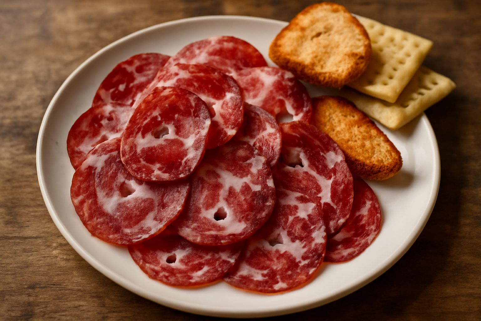 Fette di Coppa di Ferrara disposte su un tagliere di legno scuro, marezzatura bianca visibile, con pepe nero in evidenza, accompagnate da pane tostato e bicchiere di vino rosso