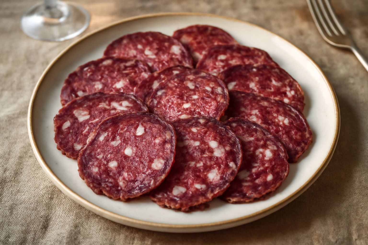 Fette sottili di Coppa di Macerata dal colore rosso scuro con venature di lardo bianche, disposte a ventaglio su un piatto bianco, con sfondo sfocato di legno scuro