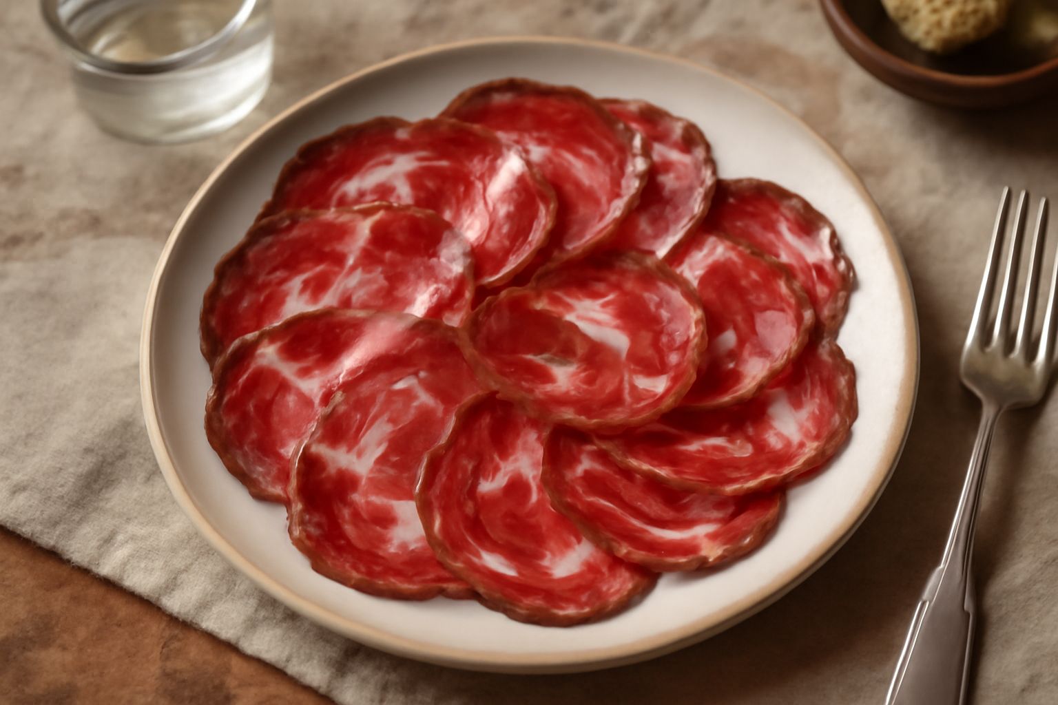 Fette sottili di Coppa di Mantova di colore rosso vivo con infiltrazioni di grasso bianco, disposte a ventaglio su un piatto bianco con accanto pane tostato e un bicchiere di vino rosso