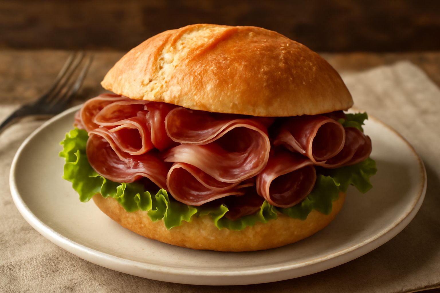 Panino appena preparato con coppa di Modena affettata, pane tostato ai cereali con crosta croccante, foglie di lattuga verde, fette di pomodoro rosso e una leggera maionese, servito su un piatto bianc